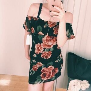 Black & Red Floral Off Shoulder Bodycon Mini Dress